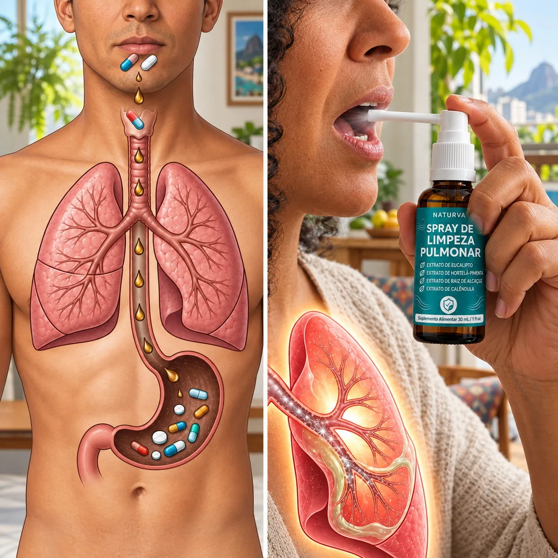 Comprimido se desmanchando no estômago ao lado do Naturva borrifando direto na via respiratória